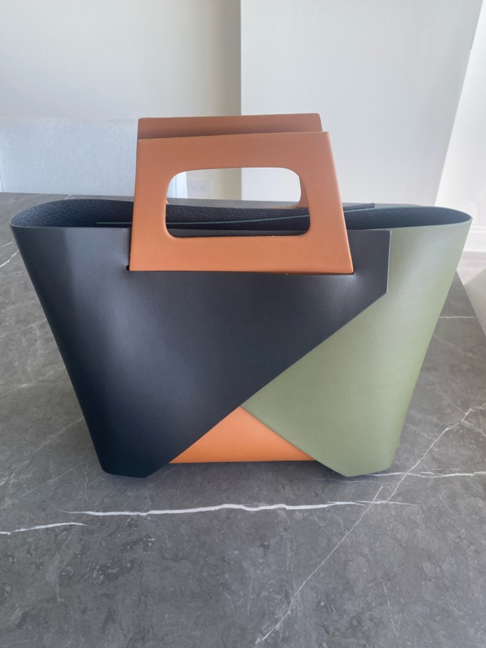 Genuine Leather Colorblock Trapezoid Tote Bag in Black, Olive & Tan. BRAND NEW.